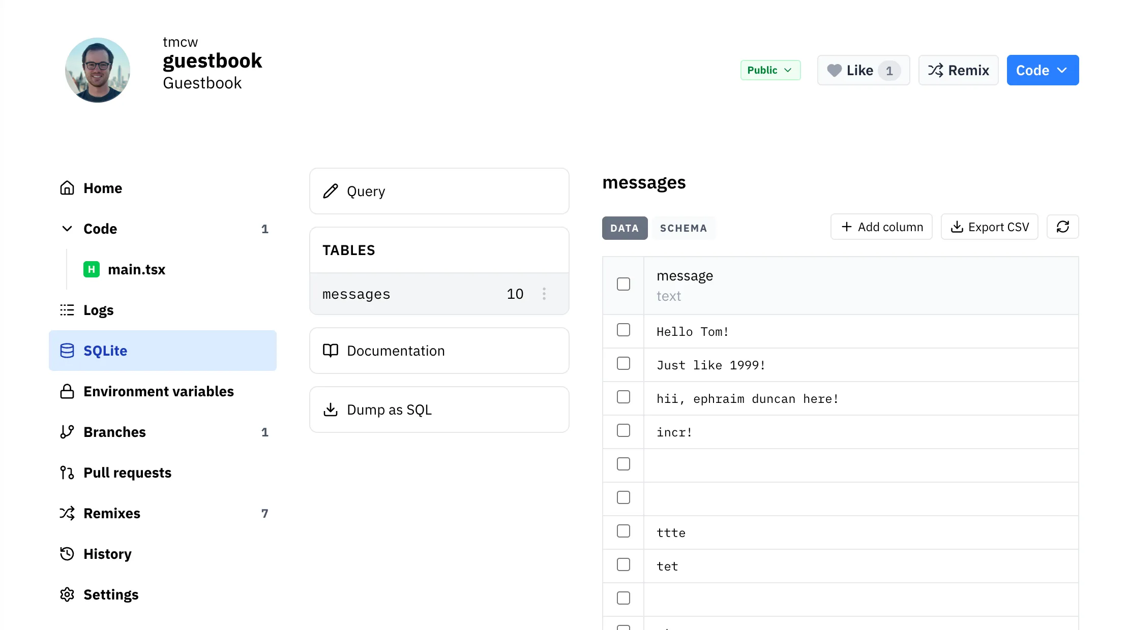SQLite admin item